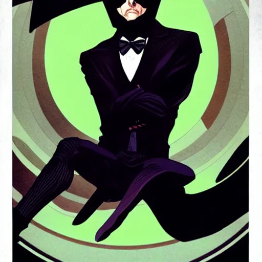 Image similar to Adam Hughes comic art, wide shot, handsome elegant male Nikola Tesla, futuristic spy, kabuki mask, beautiful evil sneer, symmetrical face, symmetrical eyes, leather clothing and boots, long straight green black hair, full body, Indigo occult pattern