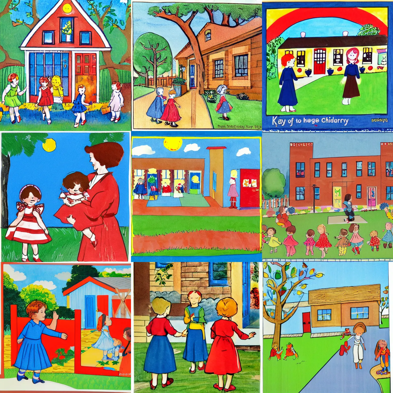 Prompt: end of the day, Kay welcomed them back The children to the big nursery building, Illustration for small Children in the style of Dorothy Brook, , primary color scheme