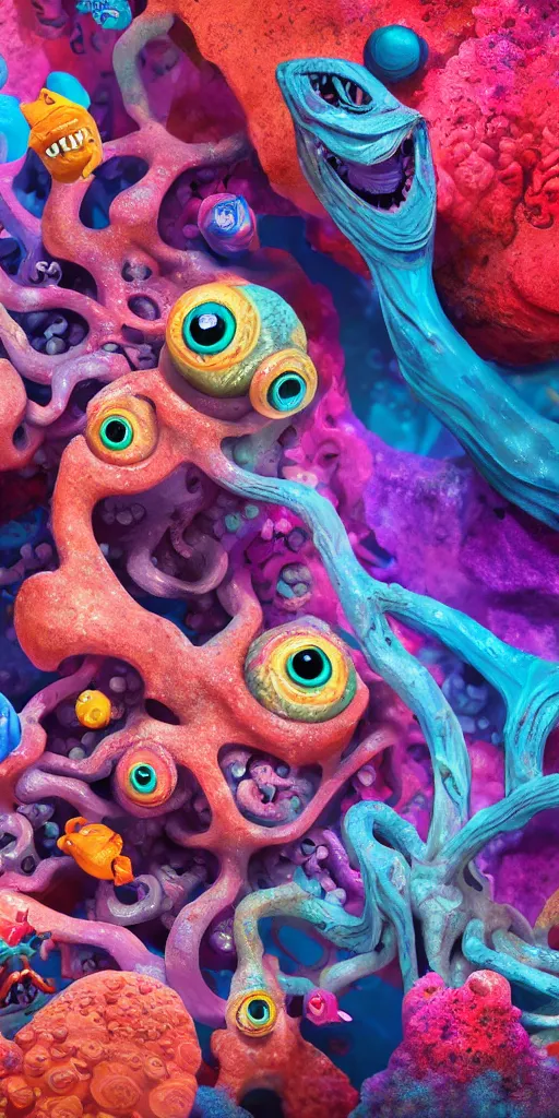 Image similar to of a colorful deep sea cave with strange cute friendly happy creatures with huge eyes, mouth, long tongue and round teeth appearing from sandy coral, in the style of gehry and gaudi, macro lens, shallow depth of field, ultra detailed, digital painting, trending artstation, concept art, illustration, cinematic lighting, photorealism, epic, octane render