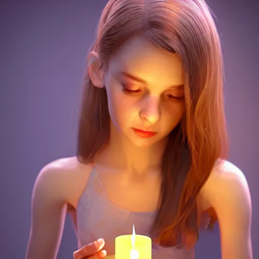 Image similar to A cute feminine girl holding a glowing candle, fragile, soft, vray,Unreal engine 5, hyperdetailed, 3d character, game character