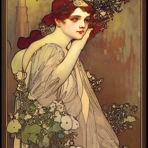 Prompt: beautiful young girl by mucha