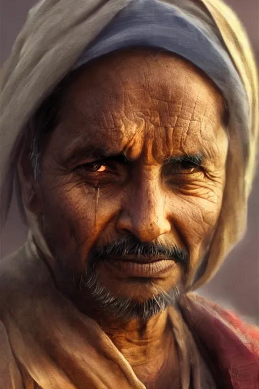 Image similar to hindu citizen, close - up portrait, poor, intricate, elegant, volumetric lighting, scenery, digital painting, highly detailed, artstation, sharp focus, illustration, concept art, ruan jia, steve mccurry