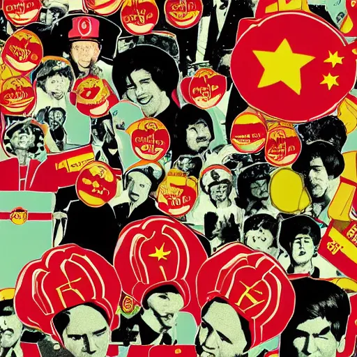 Prompt: a communist revolution in Candy Land, 1960s illustration, high quality, collage in the style of Klaus Voormann and Chinese Propaganda and the Beatles, album cover