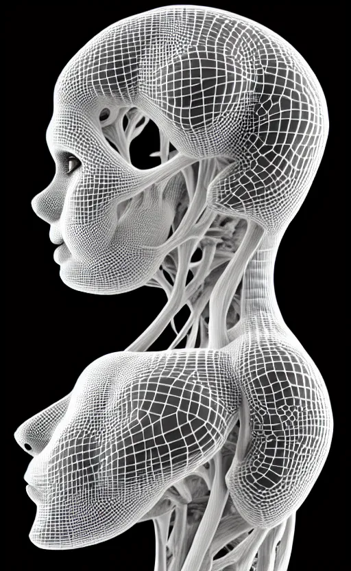 Image similar to a black and white 3D render of a beautiful profile face portrait of a female vegetal-dragon-cyborg, 150 mm, orchid stems, fine lace, Mandelbrot fractal, anatomical, flesh, facial muscles, cable wires, microchip, veins, arteries, full frame, microscopic, elegant, highly detailed, flesh ornate, elegant, high fashion, rim light, octane render in the style of H.R. Giger and Man Ray