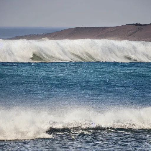 Image similar to perfect wave breaking in shallow clear water front view, hollister ranch, offshore winds, kelp, islands on horizon, late afternoon