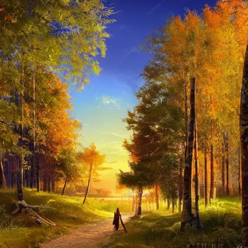 Image similar to a masterpiece detailed beautiful russian village, trees, birch, lake, golden hour, sunset, by Makoto Shinkai and Ivan Shishkin