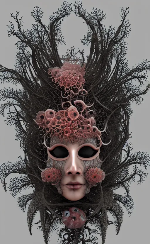 Image similar to gothic goddess intricate mask, eagle coral, jelly fish, mandelbulb 3 d, fractal flame, octane render, cyborg, biomechanical, futuristic, by ernst haeckel