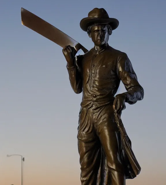 Prompt: a 4 k photorealistic photo medium shot of a bronze statue of a man wearing a fedora holding a sword, standing heroically.