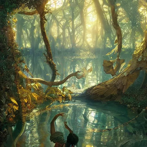 Prompt: an enchanted forest pool, highly detailed, digital painting, artstation, concept art, sharp focus, illustration, art by artgerm and greg rutkowski and alphonse mucha