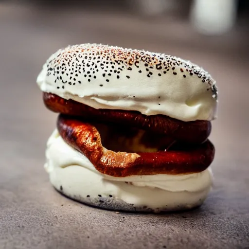 Image similar to an extreme close up of a new york city bagel with cream cheese, mouth watering, 80mm macro lens