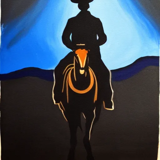 Image similar to a painting of a cowboy riding a horse into the dark horizon, high contrast, black and blue color scheme, dark, creepy, night, far away