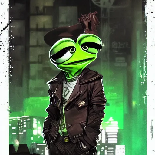 Prompt: highly detailed portrait of a gangster crime lord post-cyberpunk Kermit the frog ((Kermit the frog)) by Dustin Nguyen, Akihiko Yoshida, Greg Tocchini, Greg Rutkowski, Cliff Chiang, 4k resolution, persona 5 inspired, vibrant green ,brown, white and black color scheme with stray wiring