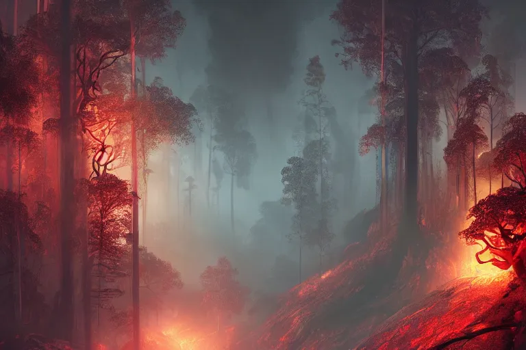 Image similar to a beautiful yet scary forest below etna, hyper detailed, orange red blue tones dramatic lighting, cgsociety, realistic, hyper detailed, insane details, intricate, dramatic lighting, hypermaximalist, golden ratio, rule of thirds, octane render, weta digital, micro details, ultra wide angle, artstation trending, 8 k,