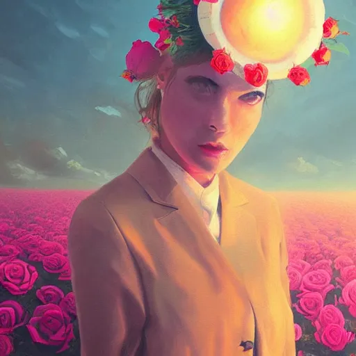 Image similar to closeup, huge rose flower under head, frontal, girl in a suit, surreal photography, sunrise, dramatic light, impressionist painting, digital painting, artstation, simon stalenhag