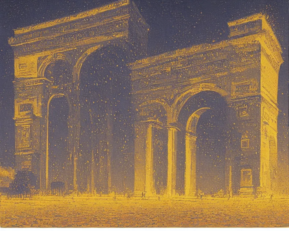Image similar to achingly beautiful print of the Arc de Triomphe bathed in moonlight by Hasui Kawase and Lyonel Feininger.