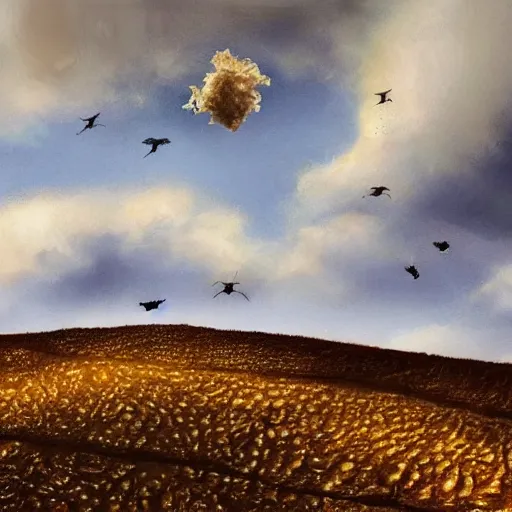 Prompt: a dreamlike landscape where all the hills are made of chicken skin and they have those little bumps and look kind of damp. Above the landscape flies SOMETHING.