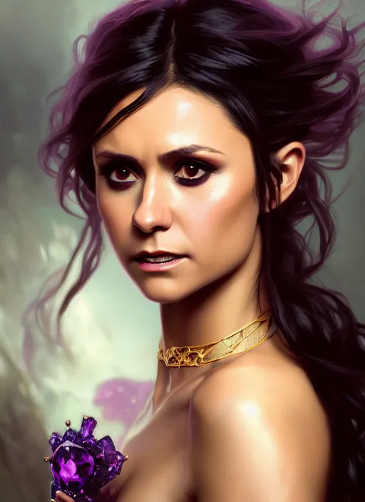 Prompt: portrait of nina dobrev as a vampire queen, jewelry, greek, amethyst, intricate, headshot, highly detailed, digital painting, artstation, concept art, sharp focus, cinematic lighting, illustration, art by artgerm and greg rutkowski, alphonse mucha, cgsociety