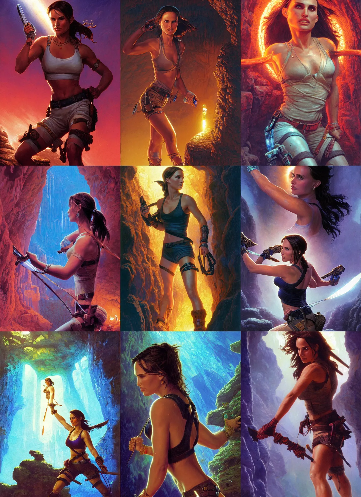 Prompt: close portrait of natalie portman as a muscled tomb raider picking up a bright gemstone, bright colors, biotechnology, cave glowing stones, epic composition, donato giancola, tim hildebrandt, wayne barlow, bruce pennington, larry elmore