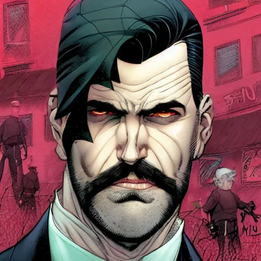 Image similar to portrait of a greying pale vampire police officer with short hair and a patchy beard, close up, grimy streets backdrop, highly detailed, sharp focus, perfect eyes, art by russell dauterman and patrick gleason and stefano caselli and marco checchetto and esad ribic