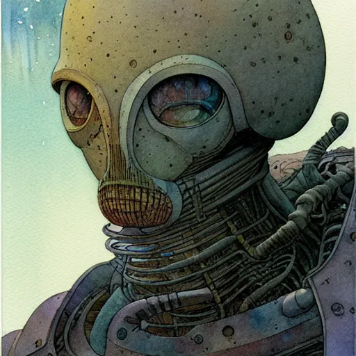 Image similar to a simple and atmospheric watercolour portrait of a pulp sci - fi alien cyborg, very muted colors, by rebecca guay, michael kaluta, charles vess and jean moebius giraud