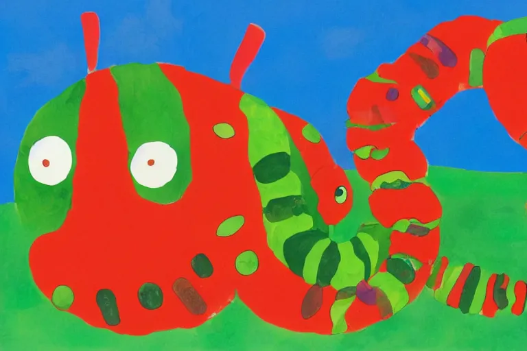 Image similar to A Very Hungry Caterpillar Hydraulic Excavator Eric Carle children's book illustration