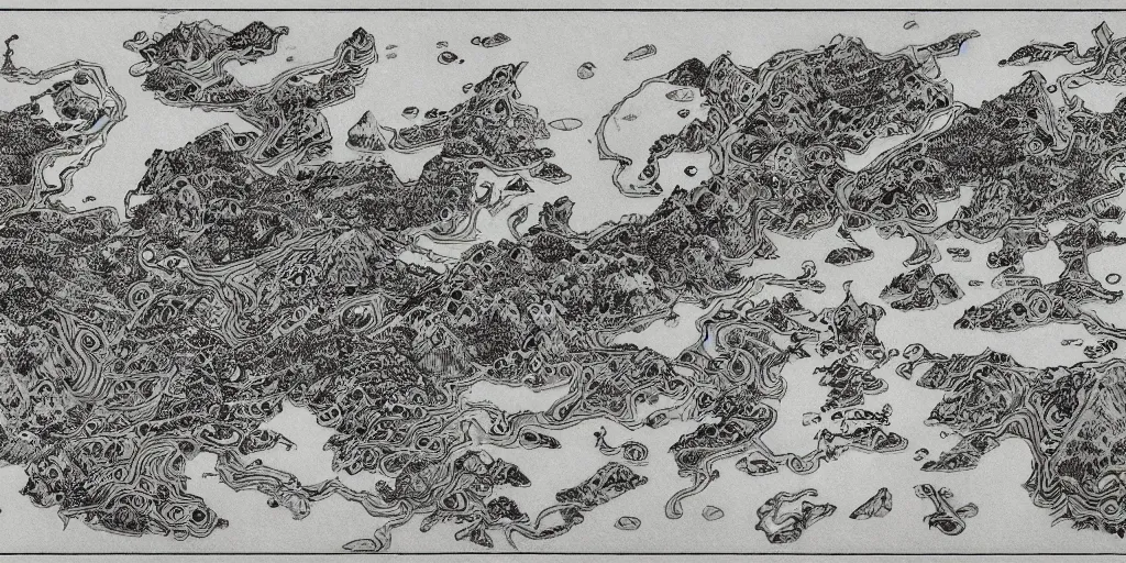 Image similar to a detailed and intricate illustration of a fantasy world map by moebius, frazetta, zabrocki, ghibli, miura