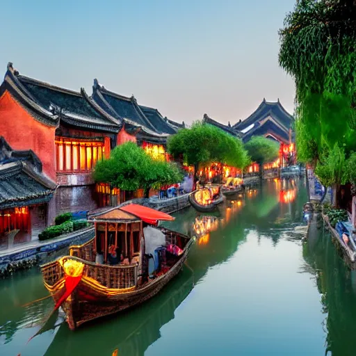 Image similar to beautiful and peaceful ancient water town in the south of china, zhouzhuang ancient town, movie style, warm color to move, boats, evening lanterns, the glow of the sunset on the water, high detailed, 4 k