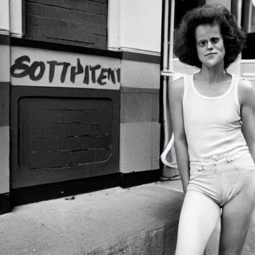 Image similar to detailed professional photographic portrait of young Sigourney Weaver wearing a white singlet and her cat moving apartment New York City 1983, building entrance way Art Deco,, cinematic feel, high octane