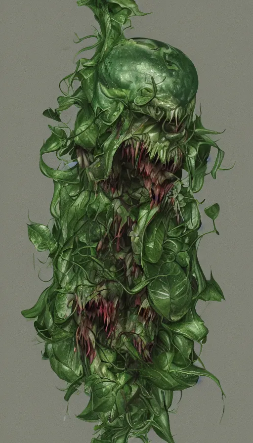 Image similar to hyperrealistic still life painting of a carnivorous underwater ivy demon, botanical print, Octane render