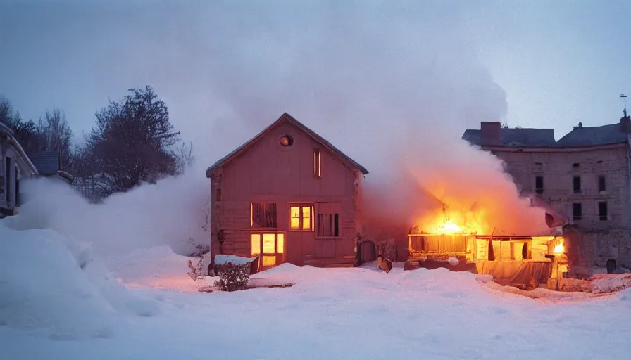 Image similar to 1 9 7 0 s movie still of a heavy burning french style little house in a small northern french village by night in winter, cinestill 8 0 0 t 3 5 mm, heavy grain, high quality, high detail, dramatic light, anamorphic, flares