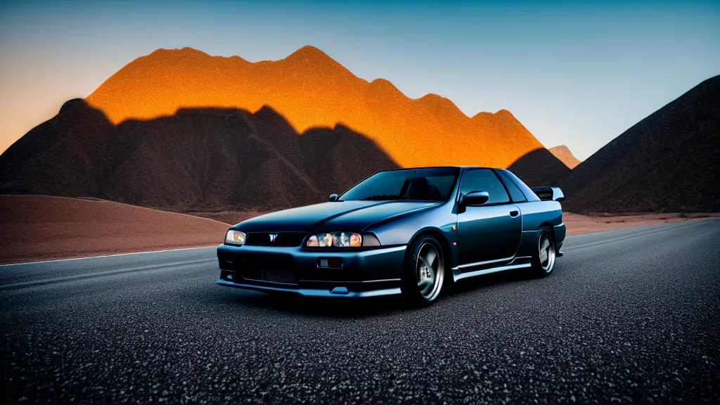 Image similar to three quarter front photo of a stock dark grey nissan r 3 2 skyline gtr on a road in a desert with a mountain in the background in the early morning, car photography, depth of field, zoom lens, blue hour, photorealistic