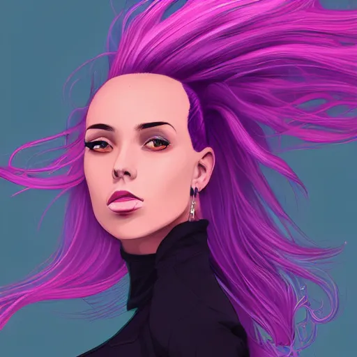 Prompt: a stunning upper body portrait of a beautiful woman with ombre purple and pink hair blowing in the wind by marvel comics, digital art, trending on artstation