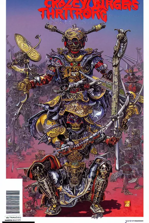 Prompt: magazine cover of crazy roborts skeletor warrior with the tang dynasty of china armor and helmet, by yoichi hatakenaka, masamune shirow, josan gonzales and dan mumford, ayami kojima, takato yamamoto, barclay shaw, karol bak, yukito kishiro