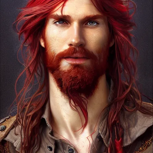 Prompt: portrait of a young ruggedly handsome but joyful pirate, male, masculine, upper body, red crimson hair, long long flowing hair, fantasy, proud smirk, intricate, elegant, highly detailed, digital painting, artstation, concept art, matte, sharp focus, illustration, art by artgerm and greg rutkowski and alphonse mucha