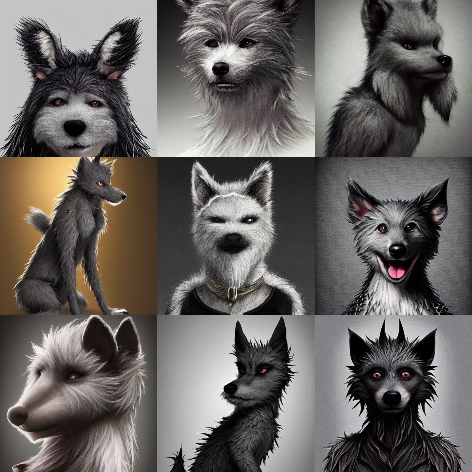 Prompt: a photograpic full body portrait of a anthropomorphic grey furry dog wearing casual black clothes, black spikey hair, grey skin, floppy ears, furry character, fursona, fantasy, intricate, elegant, highly detailed, digital painting, artstation, smooth, sharp focus, illustration, art by artgerm and H R Giger and alphonse mucha