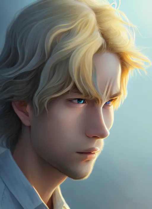 Image similar to young man with medium - length, curly, golden hair, sorrow, perfectly proportioned face, aquamarine eyes, natural lighting, path traced, highly detailed, high quality, cartoon, digital painting, by new haicheng and studio ghibli