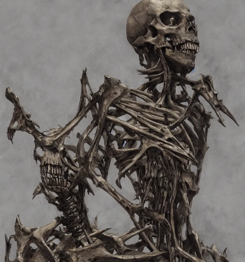 Image similar to closeup concept art of a medieval skeletal figure with skeletal features and long iron spikes, art by HR Giger and Phil Hale, sculpture by Hedi Xandt, dynamic composition, highly detailed, artstation, octane rendering, wayne barlowe, dimly lit in dense fog above lava fields,