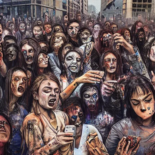 Prompt: a crowd of young people on the streets hold their cell phones very close to their heads, theey look like zombies, fantasy style, 4 k, philosophical art