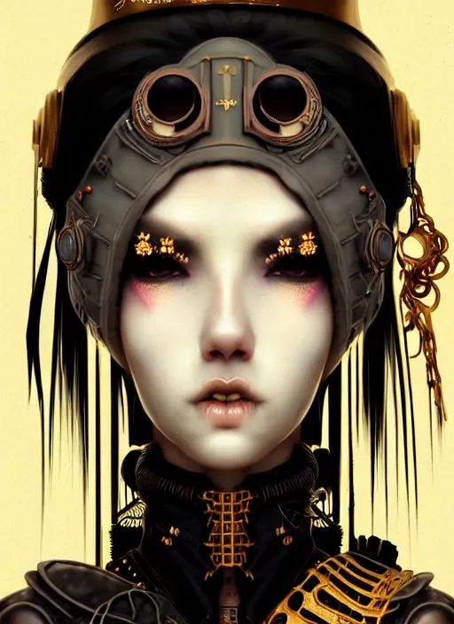 Image similar to soft lustrous ivory ebony geisha raver gutter punk gothic steampunk cyborg, golden ratio, details, scifi, fantasy, cyberpunk, intricate, decadent, highly detailed, digital painting, octane render, artstation, concept art, smooth, sharp focus, illustration, art by artgerm, loish, wlop