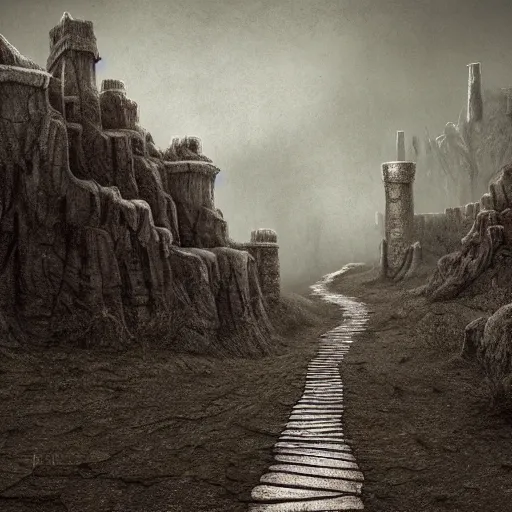 Prompt: a long winding pathway with no terrain on either side, creepy, gloomy, nightmare, dark rocks, dusty, sepia tones, with a mysterious dark castle at the of the path, digital art, 8 k, concept art, trending on artstation
