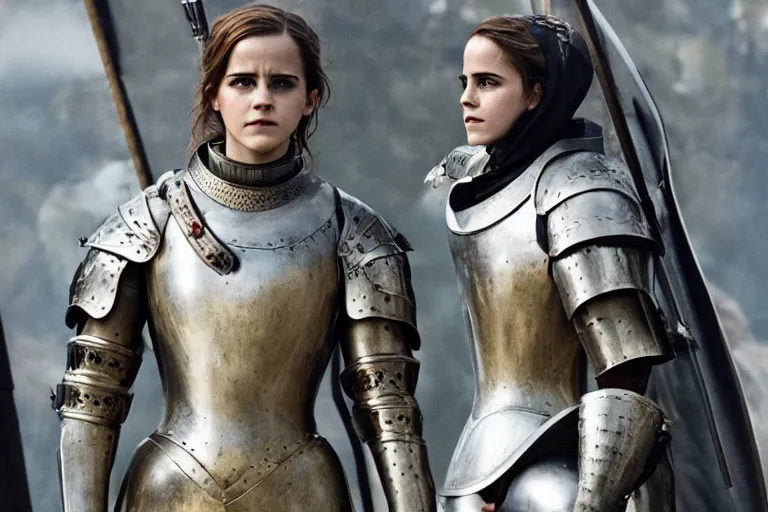 Prompt: promotional image of Emma Watson as Joan of Arc in the new movie directed by Ridley Scott, full suit of gilded plate armor, movie still, promotional image, imax 70 mm footage