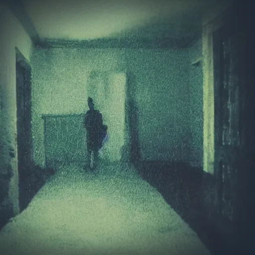 Image similar to insane nightmare, no light, everything is blurred, creepy shadows, ghost, very poor quality of photography, 2 mpx quality, grainy picture