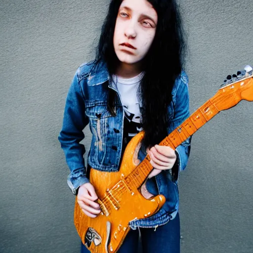 Image similar to 19-year-old girl with long shaggy black hair, wearing denim jacket and bell-bell-bottom jeans, playing electric guitar, stoner metal concert, heavy blues rock, doom metal, 30mm photography