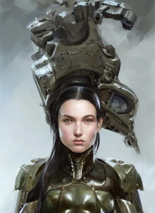 Image similar to a professional painting of a beautiful young female, clothed in military armor, olive skin, long dark hair, beautiful bone structure, symmetrical facial features, intricate, elegant, digital painting, concept art, smooth, sharp focus, illustration, from Metal Gear, by Ruan Jia and Mandy Jurgens and Artgerm and William-Adolphe Bouguerea