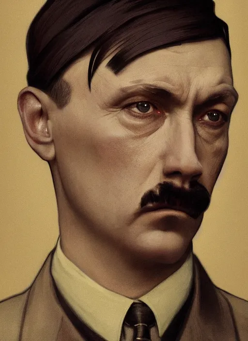 Image similar to Hitler in luxuruous sweatshirt nike suit, sigma male, nike logo, accurately portrayed, portrait art by alphonse mucha and greg rutkowski, highly detailed, digital painting, concept art, illustration, dim lighting with twilight rays of sunlight, trending on artstation, very detailed, smooth, sharp focus, octane render, close up