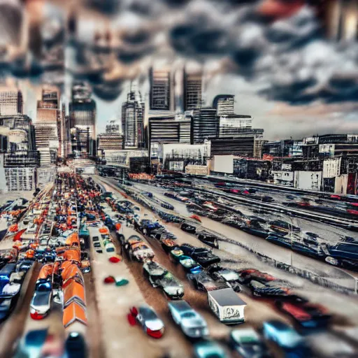 Image similar to macro photo of a large city hyper realistic with a lot of cars driving around