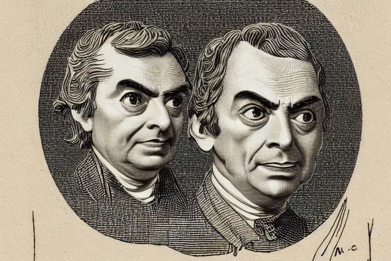 Prompt: An engraved portrait of Mr. Bean , detailed!!! copper-plate engraving in the style of money bills, fine!!! lines, engraved by Alfred Sealey, Bureau of Engraving and Printing