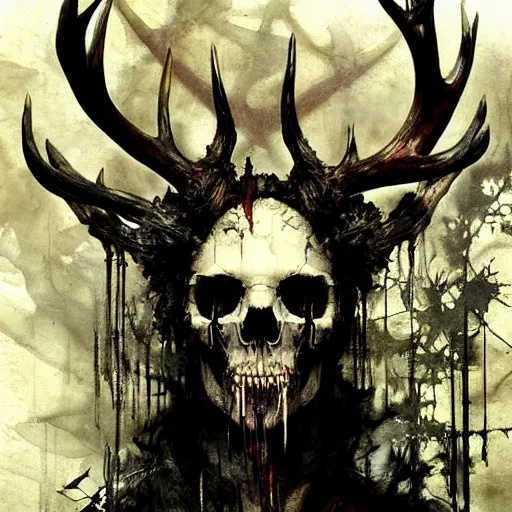 Prompt: leshen with deer skull deer antlers by emil melmoth zdzislaw belsinki craig mullins yoji shinkawa realistic render ominous detailed photo atmospheric by jeremy mann francis bacon and agnes cecile ink drips paint smears digital glitches glitchart