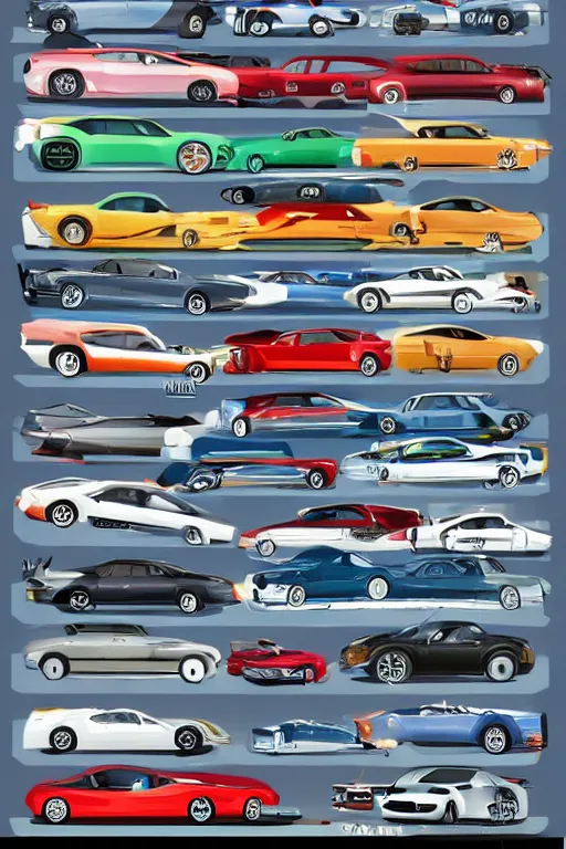 Image similar to infographic showing many types of different cars