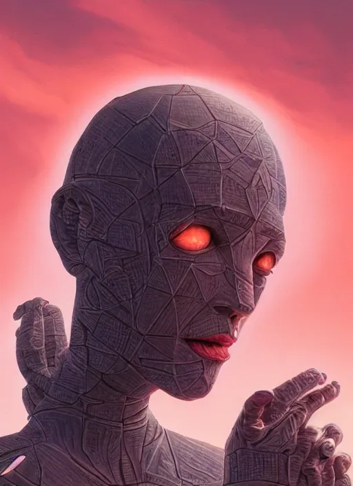 Image similar to biblical female android, hexagonal pattern on skin, glowing veins, in clouds, sunset, portrait by wayne barlowe, studio lighting, muted colors, by frank frazetta, extreme detail, reflections, trending on artstation, 8 k